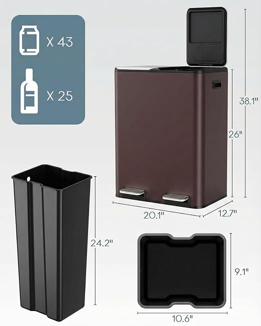ComfyCorner 16 Gal Dual Trash Can, Stainless Steel Kitchen Garbage Bin - Image 2
