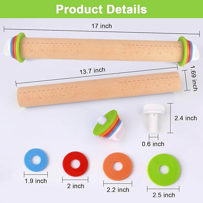 Wood Rolling Pin with Thickness Rings, Adjustable Wooden Rolling Pins - Image 2