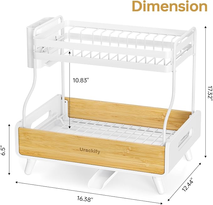 Urackify 2-Tier Dish Drying Rack, Large Stainless Steel & Bamboo Dish Rack - Image 8