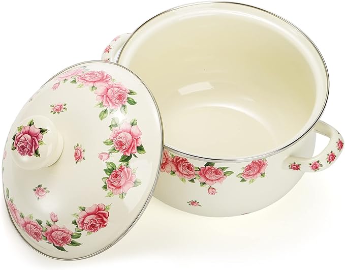 SOUJOY Enamel Stockpot with Lid, 2.8 Quart Retro Cooking Pot, Vintage Floral - Image 4