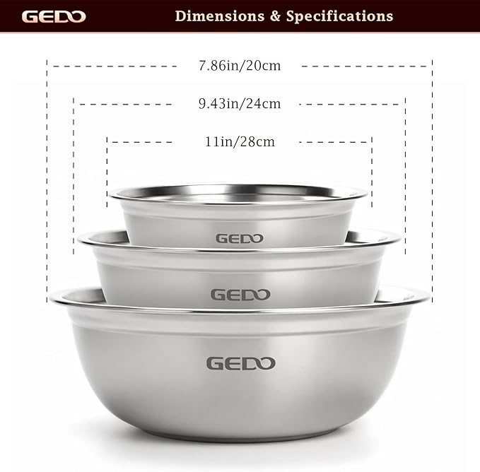 GEDO Stainless Steel 3pcs, Nesting Design, Professional Kitchen Bowls - Image 3