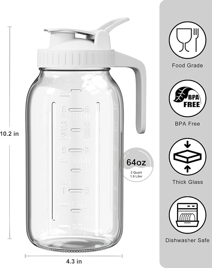 64oz Glass Pitcher, 2 Quart Mason Jar Pitcher - Image 2