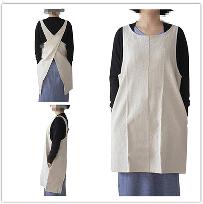 Cotton Linen Japanese Apron Halter Cross Back Bandage X Shape Aprons Two Pockets - Image 2