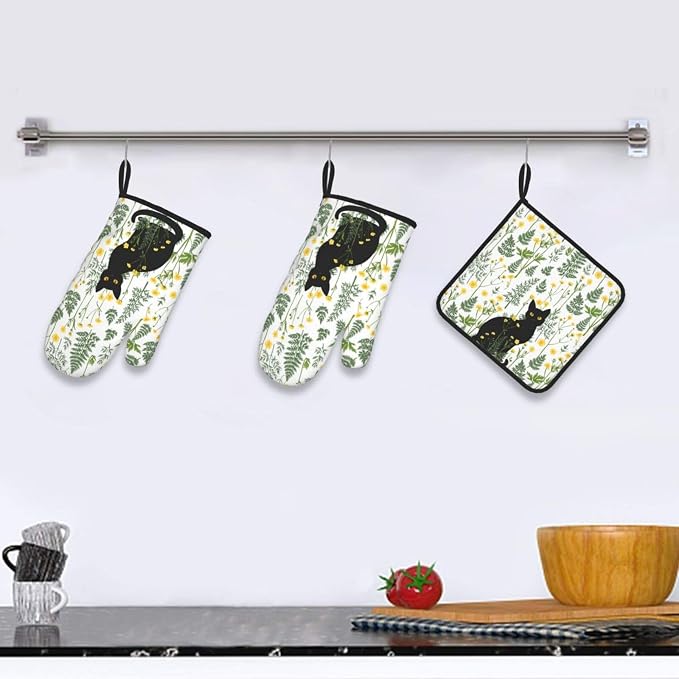 Black Cat Wildflower Hot Pads and Oven Mitts Set of 3, Spring Summer Plants - Image 6