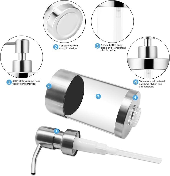 Dish Soap Dispenser Stainless Steel Case Acrylic Liner Hand Pump Dispenser - Image 2