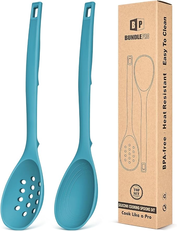 Pack of 2 Silicone Cooking Spoons, Non Stick Solid Kitchen Spoon by BUNDLEPRO