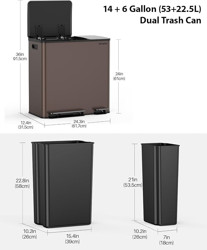 Lovewind Dual Trash Can, 14 + 6 Gallon Garbage Can - Image 6