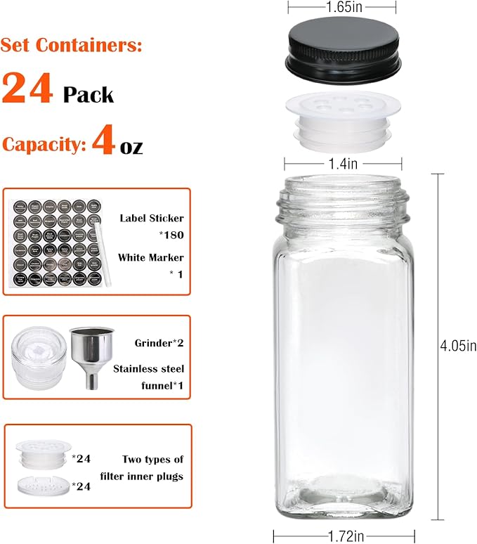Maredash 24pcs Spice Jars with180 Labels, Glass Spice Jars, Seasoning Containers - Image 2