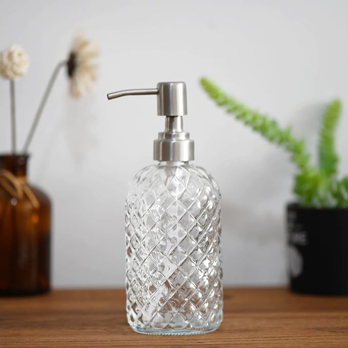 16 oz Diamond Pattern Glass Soap Dispenser, Kitchen and Bathroom Refillable - Image 6