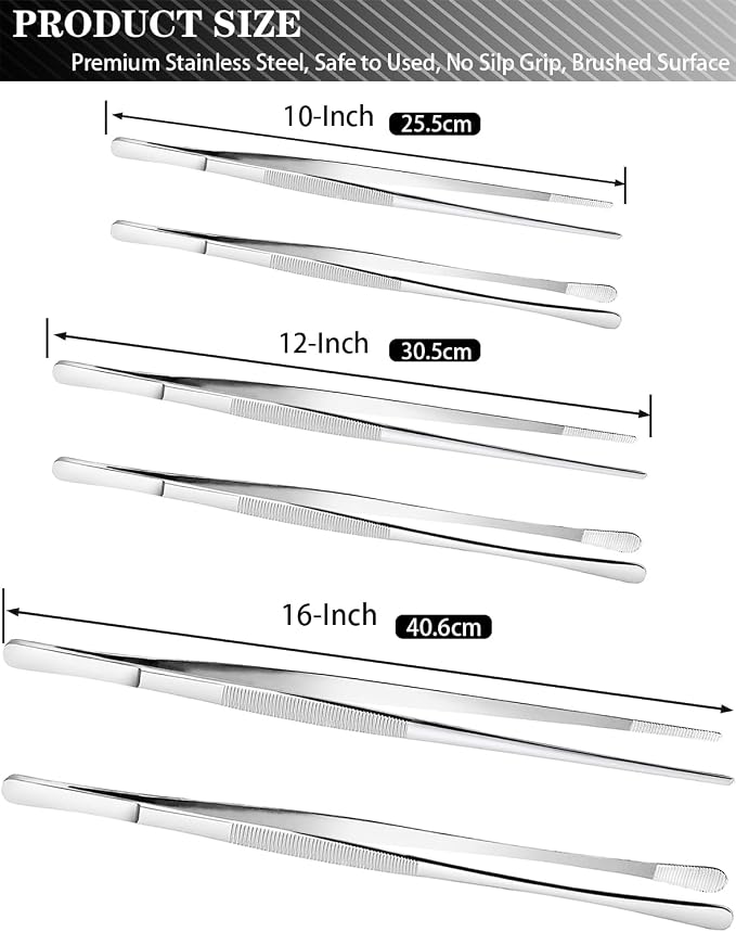 JETKONG 2 Pcs 10-Inch Cooking Tweezers Stainless Steel, Straight Food Tweezers - Image 3