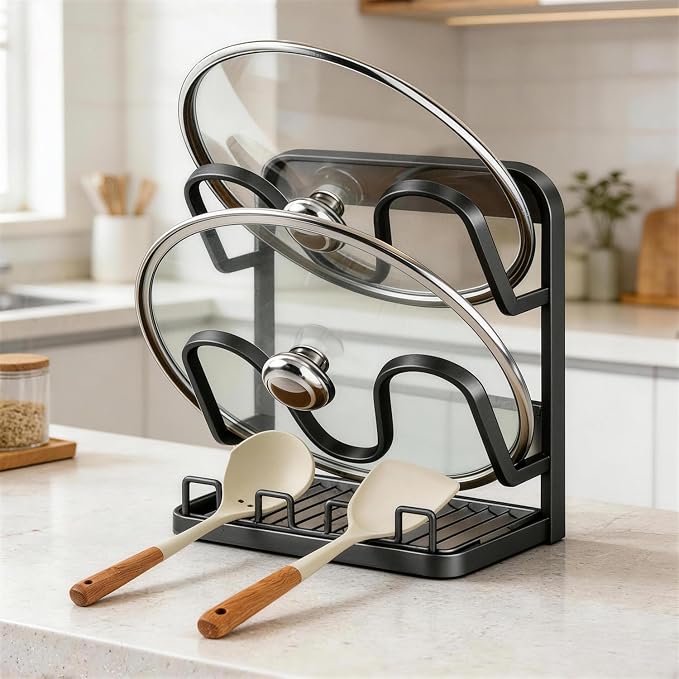 Kitchen Pot Lid Storage Rack: Carbon Steel Double-Layer Holder & Spoon Rest by AMDISI