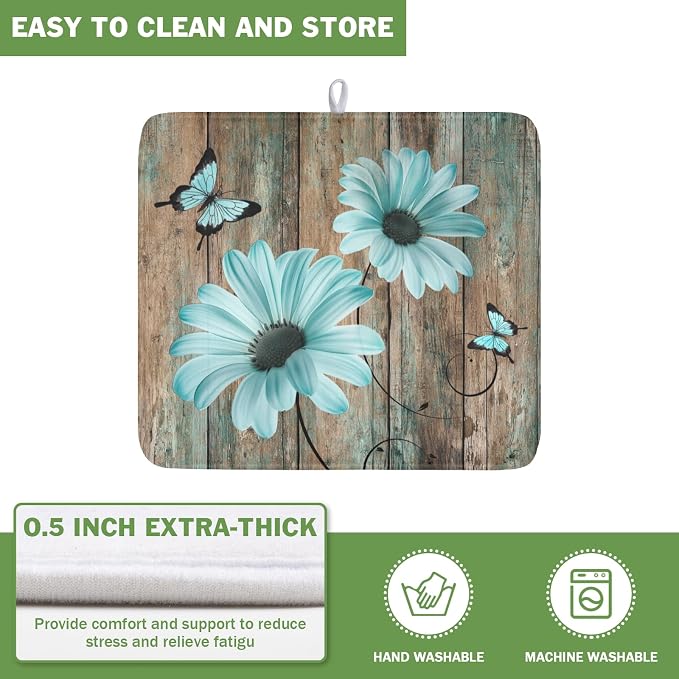 Teal Sunflowers Drying Mat 18x16 Inch, Summer Wooden Board Drying Mat - Image 5