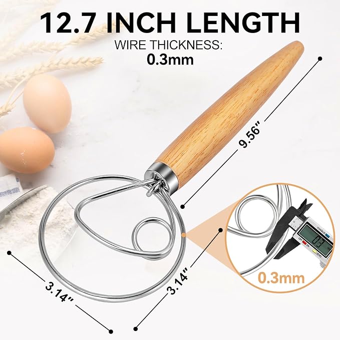 TEEVEA Danish Dough Whisk for Bread Sourdough, Wooden Handle & Stainless Steel - Image 2