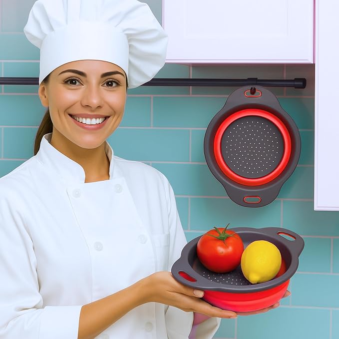 Red Round Silicone Collapsible Colander – Silicone Round Kitchen Strainers - Image 9