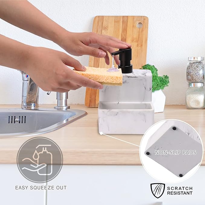 zccz Soap Dispenser with Sponge Holder, Marble Look Liquid Hand and Dish Soap - Image 4