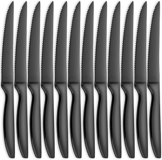 SuperCook Black Steak Knives of 12, High End Stainless Steel Steak Knives Set by SuperCook