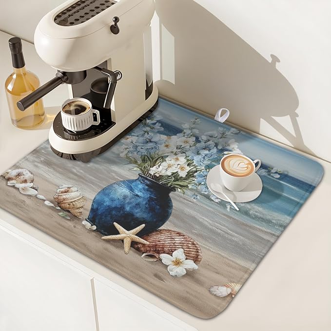 Summer Beach Dish Drying Mat for Kitchen Counter Nautical Coastal Blue Ocean - Image 7