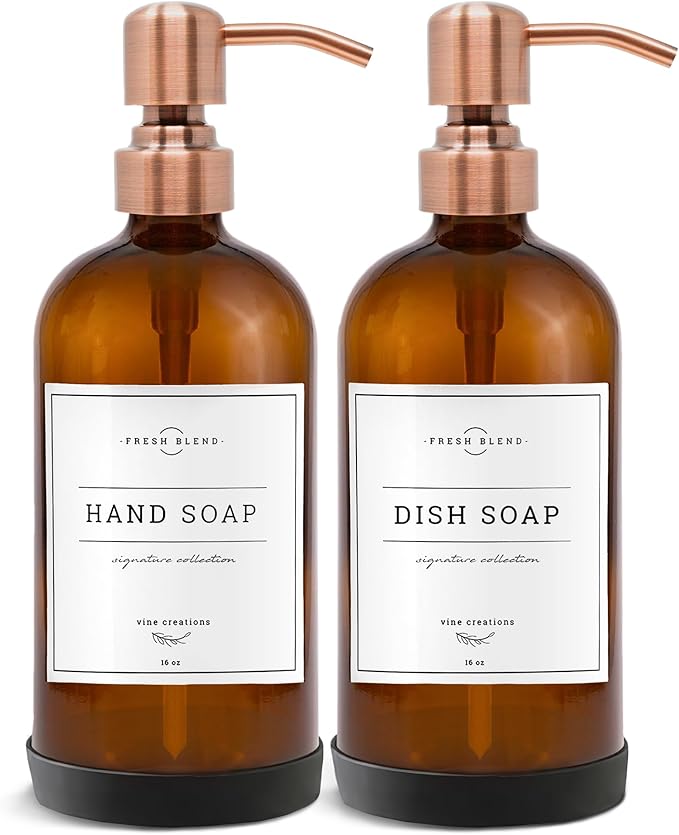Vine Creations Amber Glass Soap Dispenser, 2 Pack Kitchen Soap Dispenser Set by VineCreations