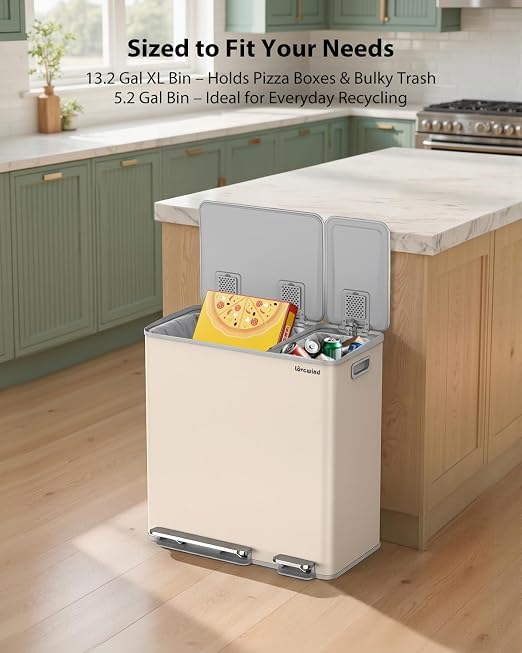 Dual Trash and Recycling Bins for Kitchen, 13.2 + 5.2 Gal Stainless Steel Trash - Image 2