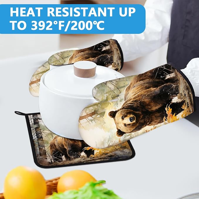 Watercolor Brown Bear Oven Mitts and Pot Holders Sets Heat Resistant 4Pcs - Image 5