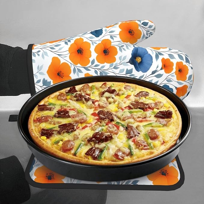 Spring Orange Blue Floral Oven Mitts and Pot Holders Sets of 3, Heat Resistant - Image 4