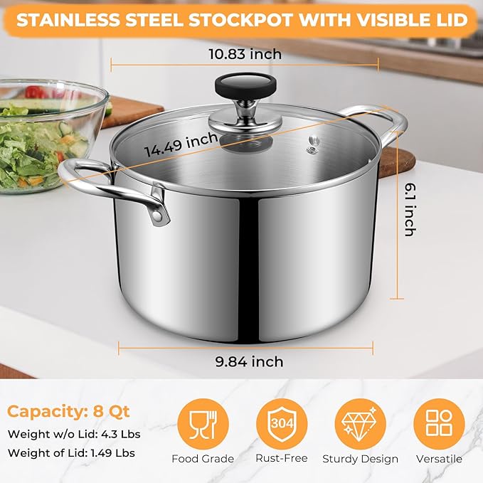 Tri-Ply Stainless Steel Stock Pot, 8 Quart Heavy Duty Induction Cooking Pot - Image 2