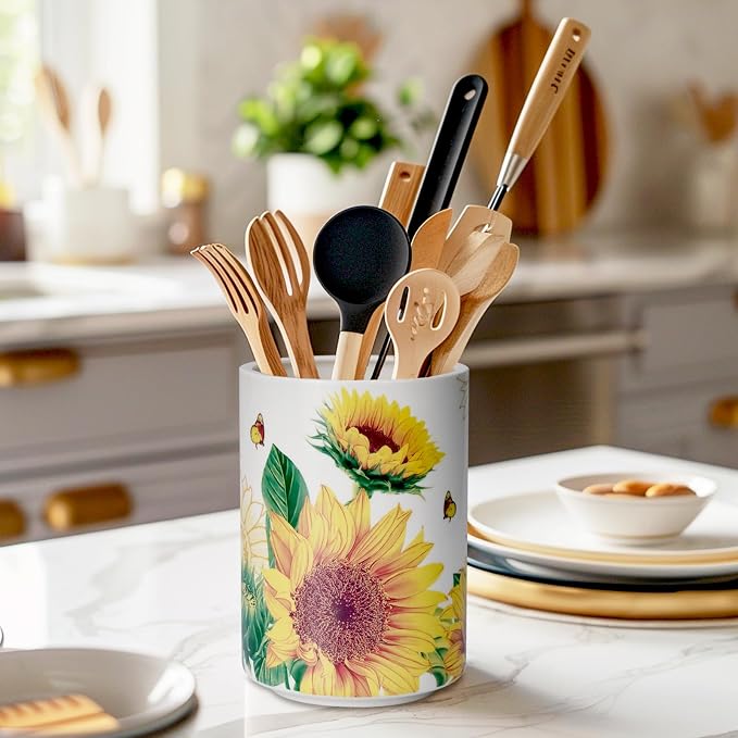 Sunddo Sunflower Utensil Holder, 6.7" Large Utensil Crock, Ceramic Cooking - Image 5