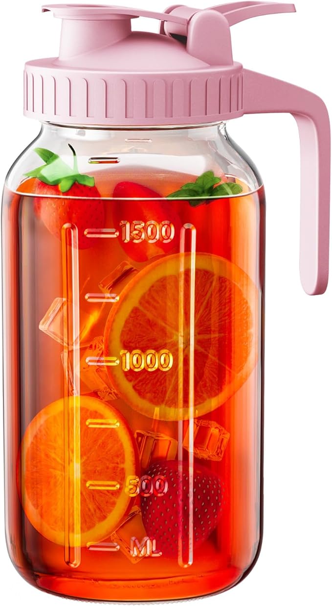 64 oz Glass Pitcher with Lid, Large Wide Mouth Mason Jar with Pour Spout by OneDream