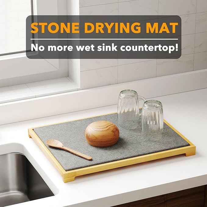 SpaceAid Stone Drying Mat for Kitchen Counter, Bamboo Rack Dish Pad, Instant - Image 2