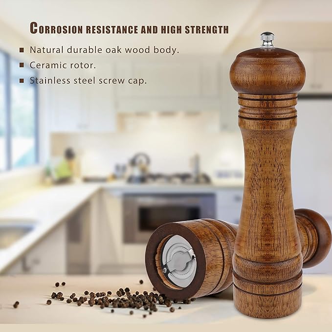 Pepper Grinder - 8 inch Pepper Mill Oak Wooden Pepper Mill Grinder Refillable - Image 2