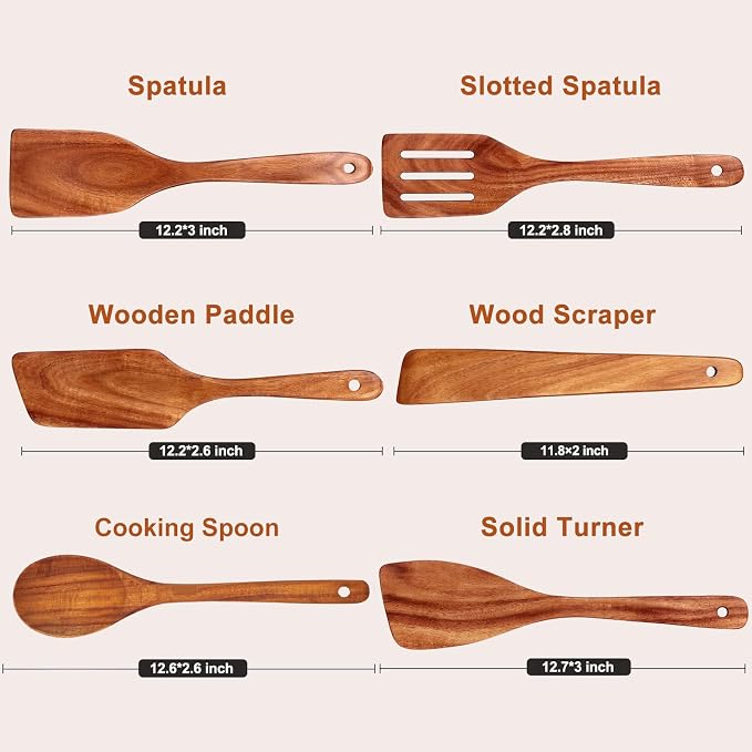 6 Pack Teak Wooden Spoons for Cooking Utensil Set Best Wood Non Toxic Spatula - Image 5