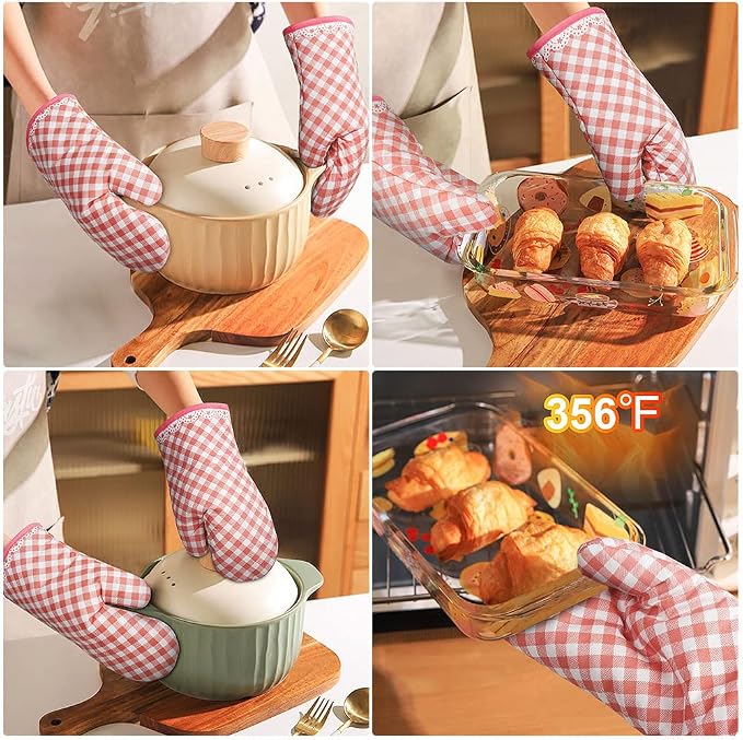 AUAUY Pink Oven Mitts, Kitchen Mittens, 392F Heat Resistant Non-Slip Gloves - Image 2