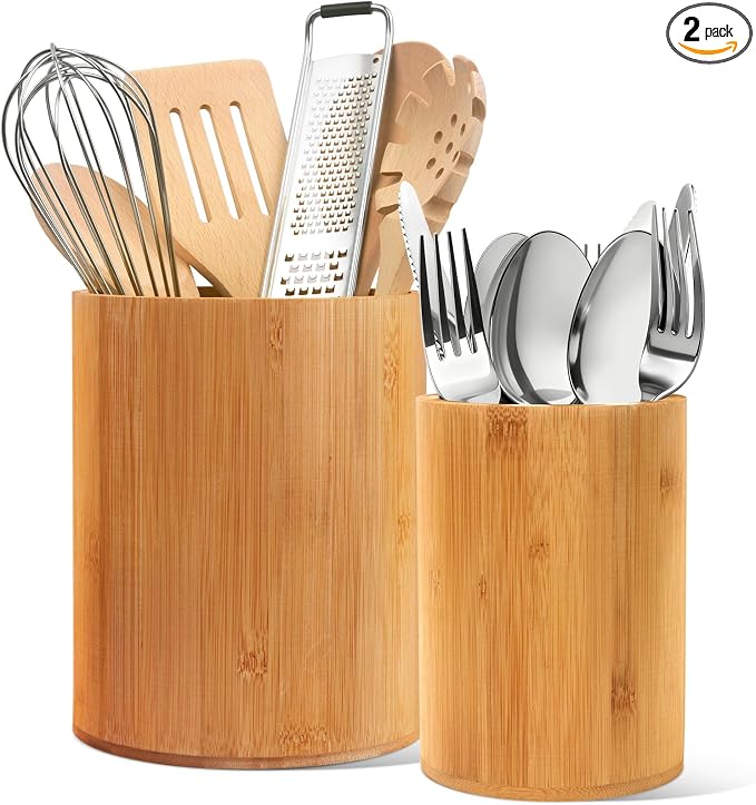 Bamboo Utensil Holder, 7.3"+5.4" Set of 2 Utensil Holders by SLNIHAMS