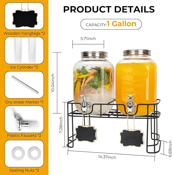 Glass Drink Dispensers For Parties, 2 PACK 1 Gallon Beverage Dispenser - Image 2