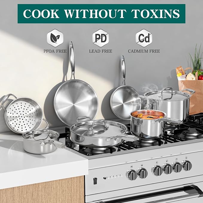 EWFEN Pots and Pans Set, 3 Ply 11 Piece Stainless Steel Cookware Set, Oven - Image 3