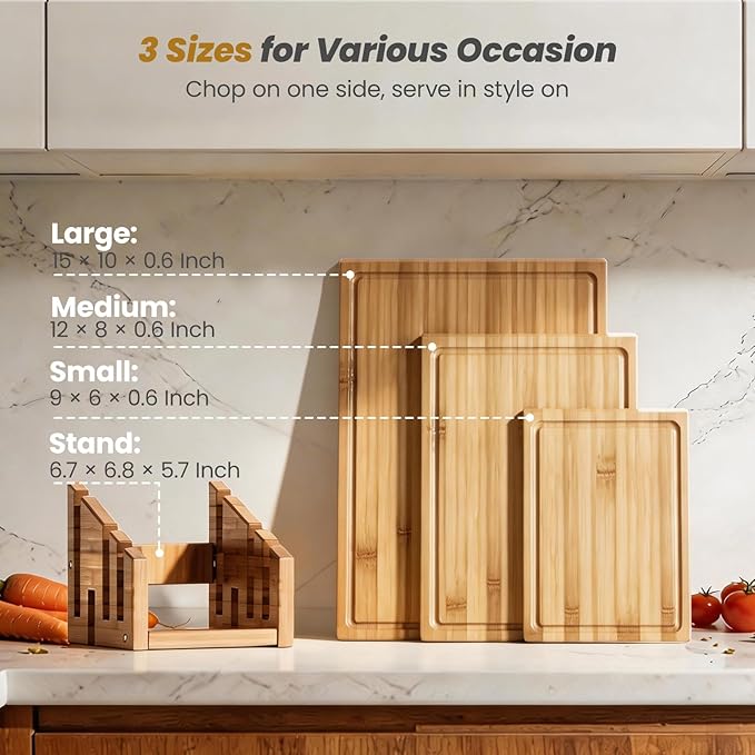 Bamboo Cutting Board Set of 3, Durable Wooden Chopping Boards - Image 3