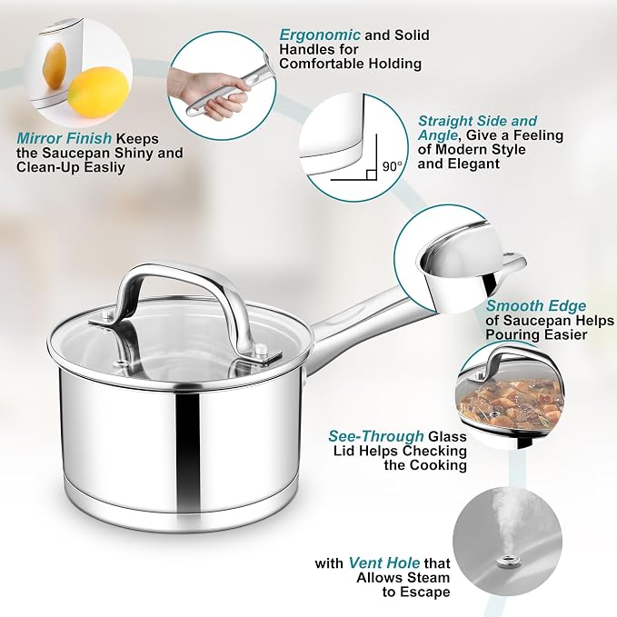 TeamFar 1 qt Saucepan, Stainless Steel Small Sauce Pan & Lid - Image 3