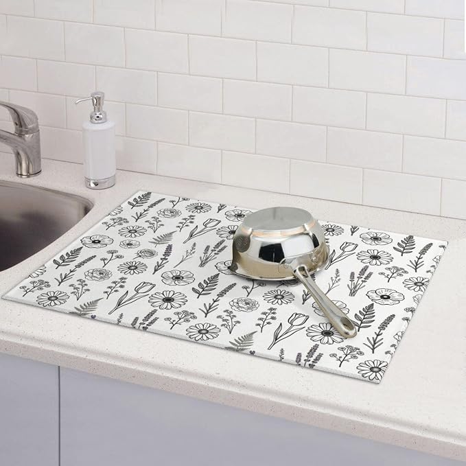 Black and White Floral Aesthetics Dish Drying Mat, - Image 4