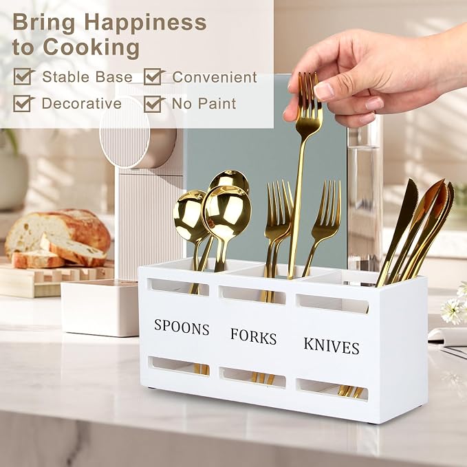 Wooden Silverware Cutlery Holder White Flatware Caddy Small Kitchen Utensil - Image 3
