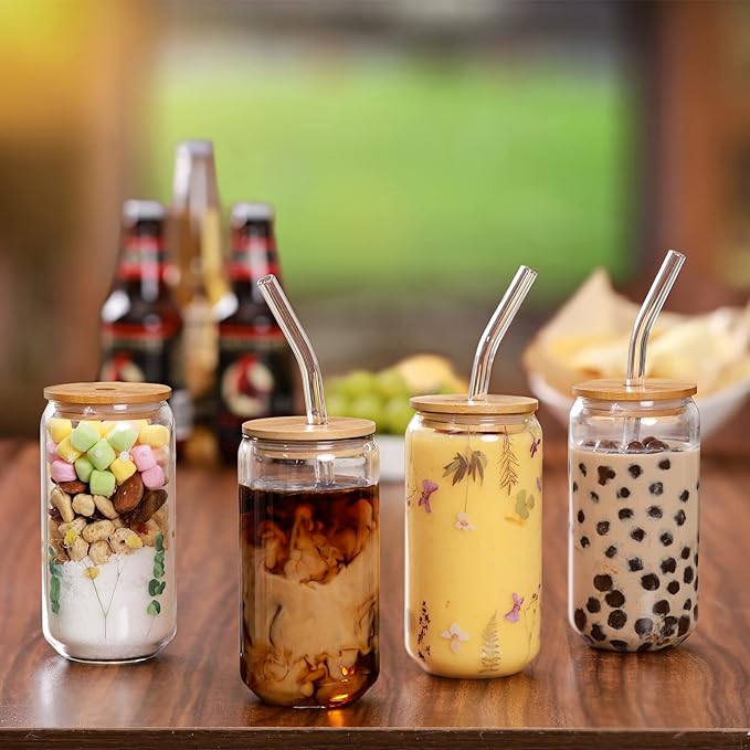 Drinking Glasses with Bamboo Lids and Glass Straw 4pcs Set - 16oz Glass Cups - Image 3