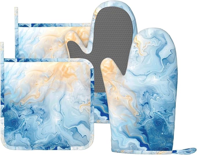 Oven Mitts and Pot Holders Blue Marble Pastel Silicone Kitchen Accessories Set by DADABULIU