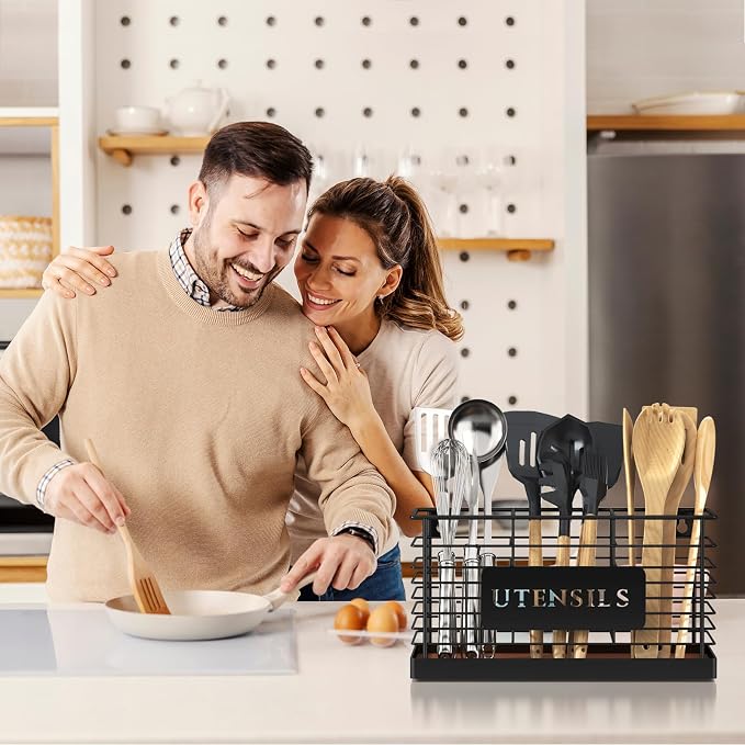THYGIFTREE Utensil Holder for Kitchen Counter Large Black Metal Cooking Utensil - Image 7