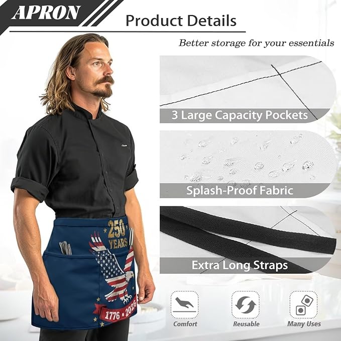 Server Apron with 3 Pockets, Waterproof Oil Waitress Waiter Half Apron - Image 6