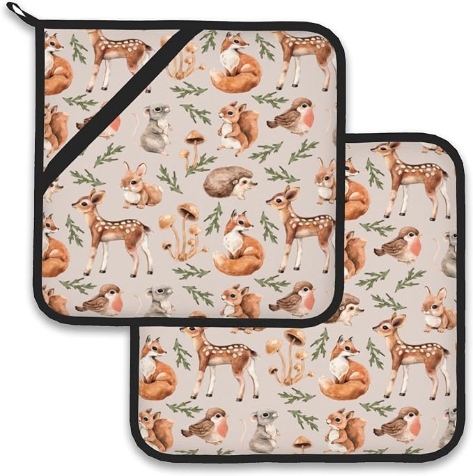 Mushroom Squirrel Deer Hedgehog Pot Holder Set of 2, Heat Resistant Potholders by Larkverk
