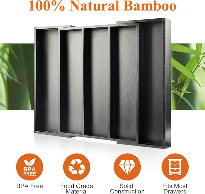 Expandable Large Kitchen Utensil Drawer Organizer Storage Black Bamboo - Image 5