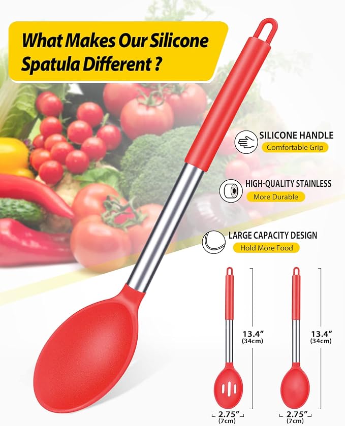 Pack of 2 Large Silicone Cooking Spoons, Non Stick Solid Basting Spoon - Image 2