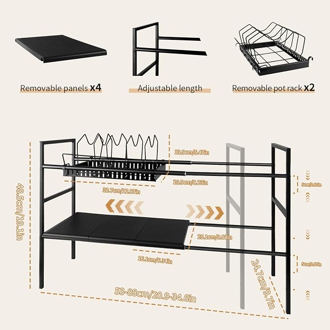 Pots and Pans Organizer Under Cabinet, Expandable Length, Adjustable Height - Image 2