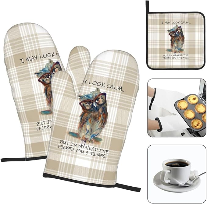 Funny Owl Oven Mitts and Pot Holders Sets of 3 Kitchen Hot Pads Cute Buffalo - Image 3