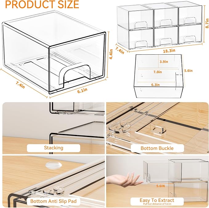 Yieach 6 Pack Small Stackable Storage Drawers, 4.4 Inch Tall Stacking Acrylic - Image 3
