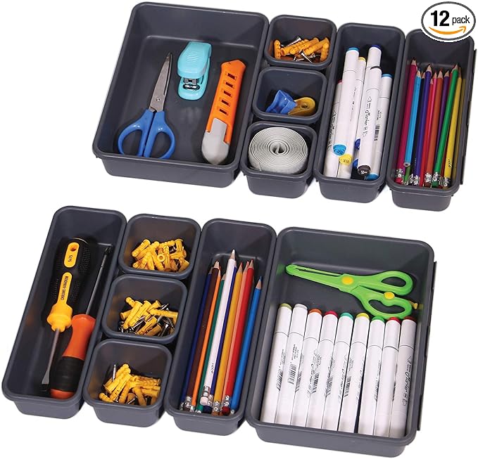 Set of 12 Interlocking Desk Drawer Organizer Tray Dividers Plastic Shallow by TENABORT